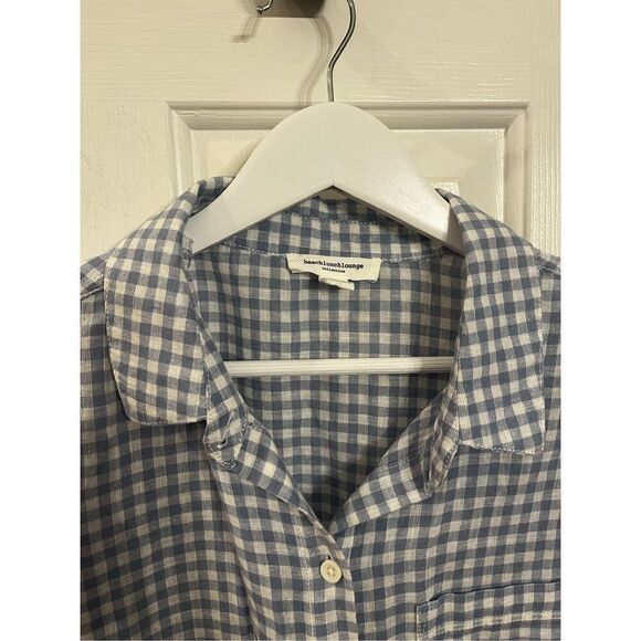 BeachLunchLounge Blue Gingham Linen Blend Button Down Tie Front Shirt sz M EUC - Picture 3 of 7